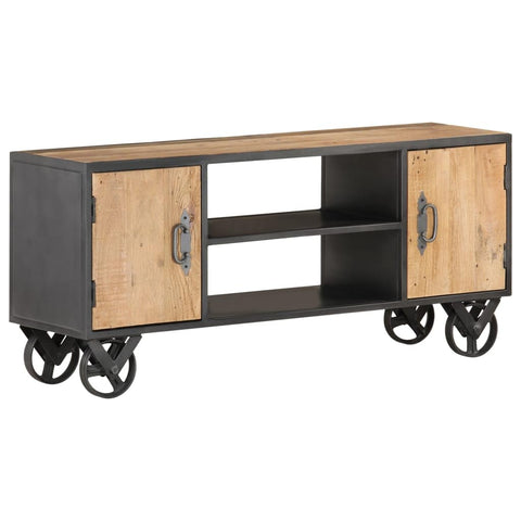 vidaXL Reclaimed Solid Wood TV Stand - Industrial Style Media Unit with Steel Frame, Two Doors and Shelves, Flexible Black Wheels - Size: 43.3"x11.8"x19.3"