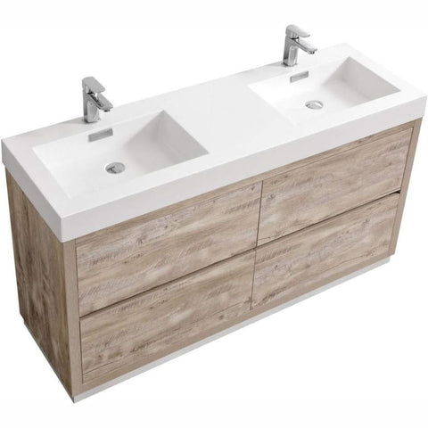 Oakestry Bliss 60 Inch Nature Wood Double Sink Freestanding Modern Bathroom Vanity with Integrated Acrylic Basins Push Open Soft Close Drawers and Durable Wood Finish