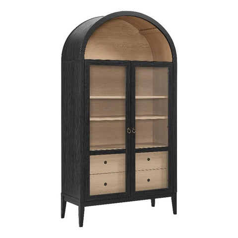 Modway Nolan Tall Arched Storage Display Cabinet in Black Oak - 74 Inch Arch Bookshelf with Glass Doors, Shelves and Drawers - Modern Accent Cabinet for Living Room, Dining Room