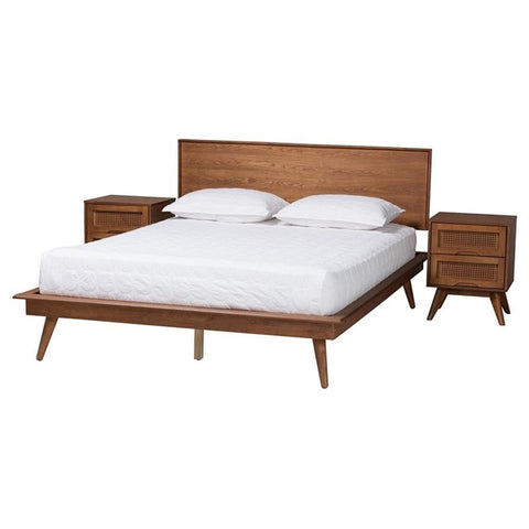 Baxton Studio Melora Walnut Brown Wood and Rattan King Size 3-Piece Bedroom Set