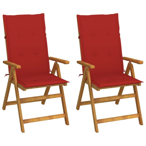 vidaXL Patio Reclining Chairs Set of 2 - Solid Acacia Wood Outdoor Armchairs with Adjustable Backrest and Included Red Cushions