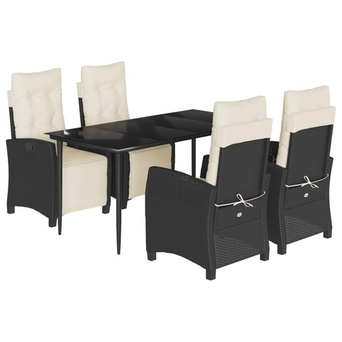 vidaXL 5 Piece Patio Dining Set - Black Poly Rattan with Cushions, Adjustable Chairs, Tempered Glass Tabletop for Garden/Backyard/Patio - 63x31.5x29.1 Inches