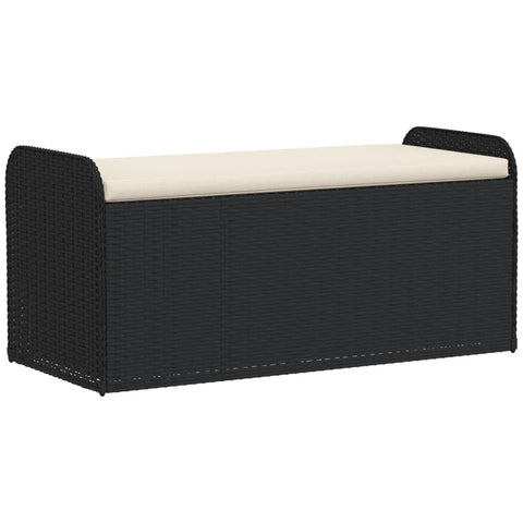 vidaXL Black Poly Rattan Storage Bench with Cream White Cushion - Weather- Outdoor/Patio/Garden Seating Furniture with Spacious Storage