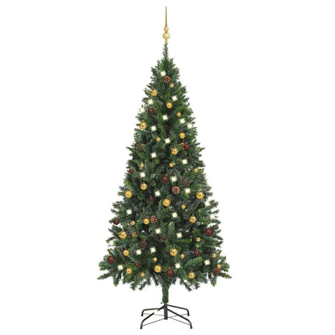 vidaXL Artificial Pre-lit Christmas Tree - 70.9" Green Tree/w LED Lights & Gold/Bronze Balls - Sturdy Iron Base, Reusable Xmas Decoration - 40.9" Diameter, Pine Tree Look