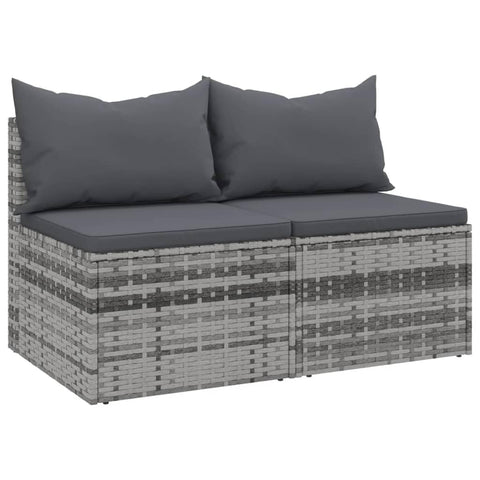 vidaXL Gray Poly Rattan Patio Middle Sofas - Set of 2 with Seat Cushions and Pillows - Outdoor Loveseat Furniture for Garden, Deck, Poolside