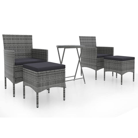 vidaXL Garden Bistro Set 5 Piece Outdoor Patio Backyard Lounge Tea Table and Chair Footrest Footstool Poly Rattan and Tempered Glass Grey