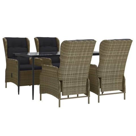 vidaXL Modern 5-Piece Outdoor Dining Set, Poly Rattan Material, Powder-Coated Steel Frame, Weather-, Adjustable Backrest, Brown Chairs with Black Cushions