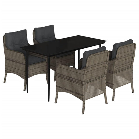 vidaXL 5 Piece Patio Dining Set with Cushions - Gray Poly Rattan Outdoor Furniture, Tempered Glass Top, Steel Frame, Weather-Resistant for Garden, Backyard, Patio - Includes 1 Table & 4 Chairs