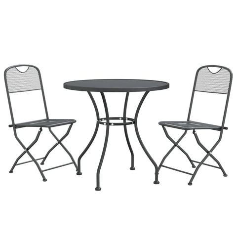 vidaXL Weather-Resistant 3-Piece Patio Dining Set with Foldable Chairs and Round Table, Durable Expanded Metal Mesh Construction, Modern Outdoor Furniture - Anthracite