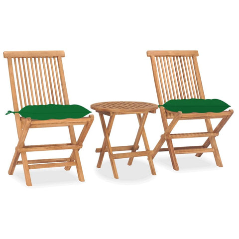 vidaXL 3 Piece Folding Patio Dining Set â€“ Solid Teak Wood with Green Cushions â€“ Round Table and Two Chairs for Outdoor, Garden, Terrace, Patio â€“ No Assembly Required