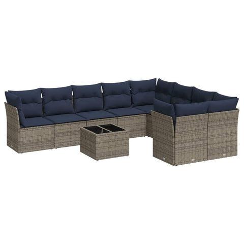vidaXL Patio Sofa Set with Cushions 10 Piece, Sectional Sofa with Glass Table, Outdoor Conversation Set, Modern Style, Gray Poly Rattan