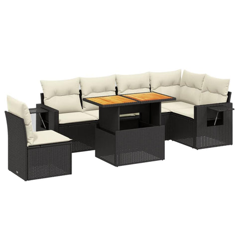 vidaXL 7 Piece Modular Garden Sofa Set | Black & Cream UV Resistant PE Rattan Solid Acacia Wood Powder Coated Steel Cushioned Outdoor Furniture for Balconies Gardens Patio Lounge Poly Sectional