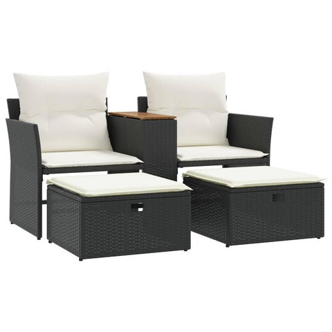 vidaXL Black Poly Rattan Patio Loveseat Bench 2-Seater with Footstools and Central Table - Sturdy PE Rattan Outdoor Sofa with Cushions for Garden, Deck