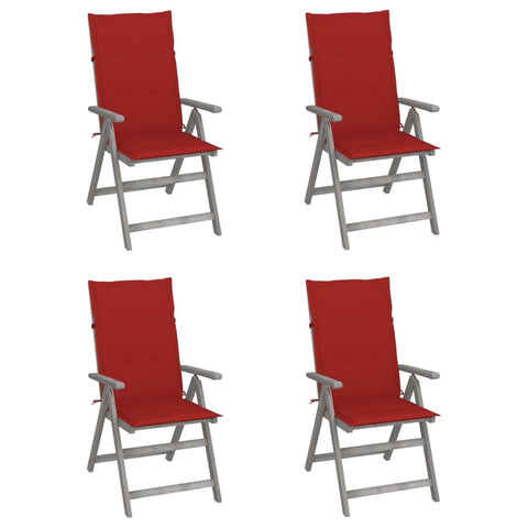 vidaXL Outdoor Recliner Chairs - Set of 4 Acacia Wood Patio Chairs with Adjustable Backrest and Red Cushions for Garden, Deck, Poolside