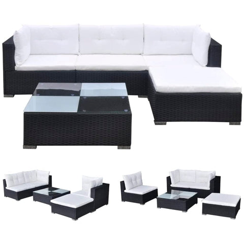 vidaXL Patio Furniture Set 5 Piece, Patio Conversation Set with Cushions, Outdoor Sectional Sofa with Coffee Table for Garden, Poly Rattan Black