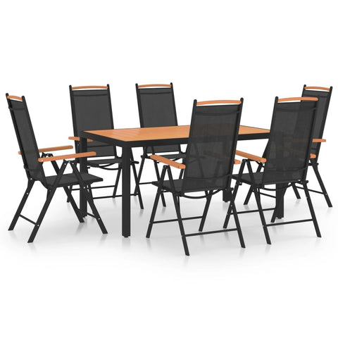 vidaXL 7 Piece Patio Dining Set in Black - Powder-Coated Aluminum Frame with Adjustable Reclining Textilene Chairs and WPC Tabletop - Perfect for Outdoor Lounge or Dining