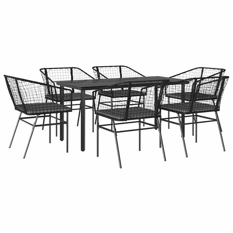 vidaXL 7-Piece Black Poly Rattan Garden Patio Dining Set with Glass Top Table, Comfortable Chairs with Cushions, Weather- Outdoor Furniture for Backyard/Patio