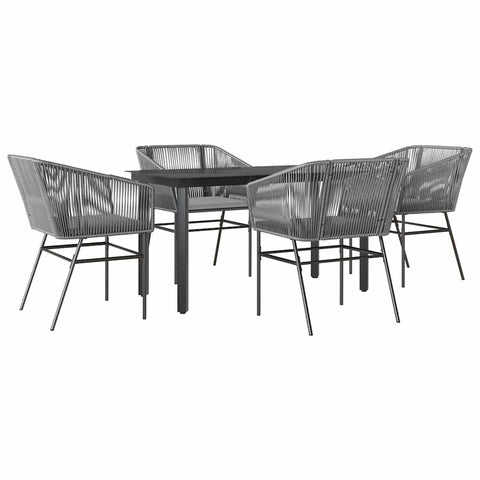 vidaXL 5-Piece Gray Patio Dining Set - Poly Rattan with Cushions & Glass Table for Outdoor, Garden, Patio, Backyard Furniture