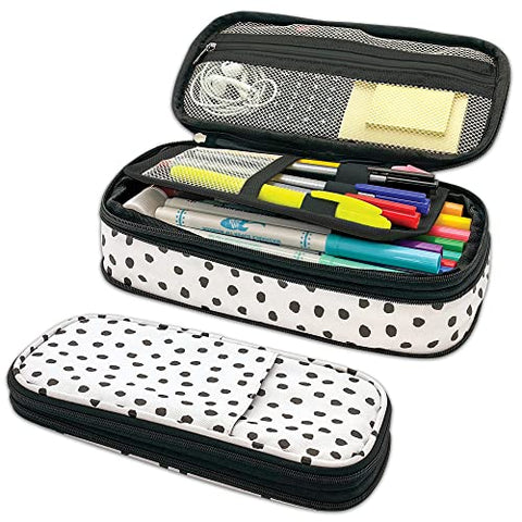 Teacher Created Resources Black Painted Dots on White Pencil Case Multifunctional Large Capacity Bag Pouch Holder Organizer