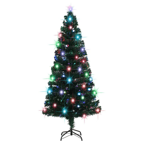vidaXL 5 ft Artificial Christmas Tree - Green with Fiber Optic/LED Lighting, Suitable for Indoor and Outdoor - Includes Stand and Lights