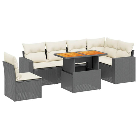 vidaXL 7 Piece Garden Sofa Set with Cushions Black Poly Rattan Modern Outdoor Furniture Ample Seating for 6 Easy Maintenance Patio Lounge Sectional Modular Comfortable