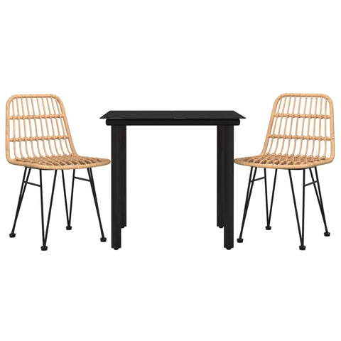 vidaXL 3 Piece Patio Dining Set - Poly Rattan with Steel Frame, Tempered Glass Tabletop, Weather- Material - Black