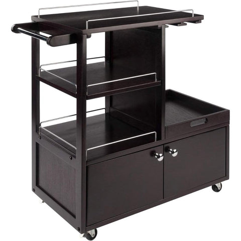 Oakestry Galen Entertainment Cart Espresso Finish Solid Composite Wood Construction Stylish Freestanding Cart with Removable Serving Tray Built in Stemware Rack and Wine Bottle Storage Cabinet