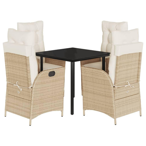 vidaXL 5 Piece Patio Dining Set - Beige PE Rattan Reclining Chairs, Cushions, Tempered Glass Table - Outdoor Garden Furniture