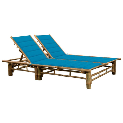 vidaXL 2 Person Cushioned Sun Lounger with Adjustable Backrest in Blue Durable Bamboo Frame and Removable Cushions Ideal for Outdoor Relaxation Seating Garden Sunbed Daybed Patio Loungers