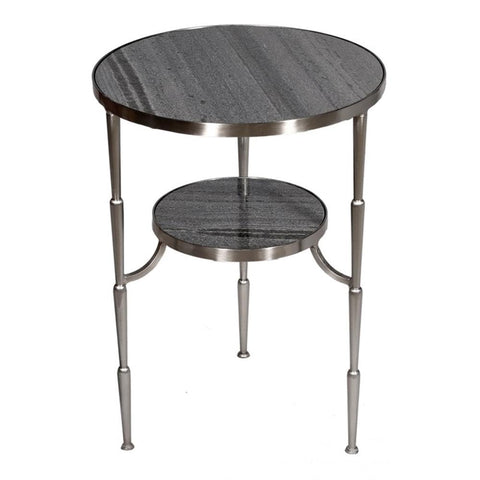Moti Dharma Side Table on Cast Iron Frame in Satin Nickel Finish with Gray Marble