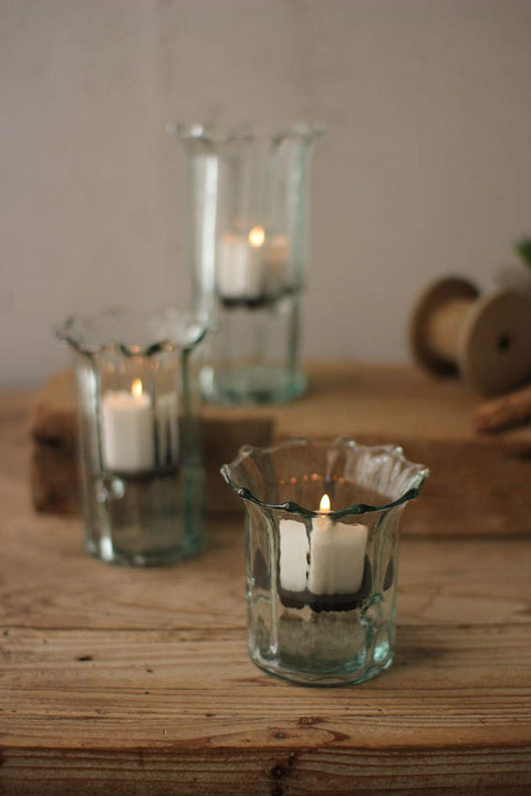 Kalalou CV7044 Set of Three Recycled Glass Ribbed Votive Cylinders, See Image