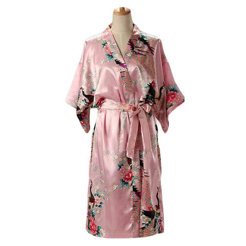 Pink - Peacock/Blossoms Women's Long Bathrobe Kimono Robe Silk-Like Pajamas