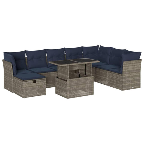 vidaXL Patio Sofa Set with Cushions 9 Piece, Outdoor Lounge Set with Table and Foot Stool, Sectional Sofa for Garden, Modern, Gray Poly Rattan
