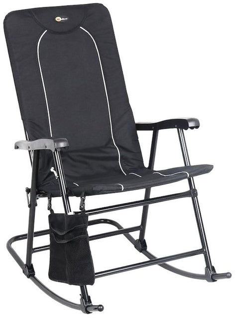 Faulkner Dakota Folding Rocking Chair Black Padded Seat and Backrest Lightweight Steel Frame Side Pouch 300 lb Capacity Foldable Outdoor Camping and Patio Chair