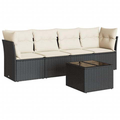 vidaXL Patio Sofa Set with Cushions 5 Piece, Sectional Sofa with Glass Table, Outdoor Conversation Set, Modern Style, Black Poly Rattan
