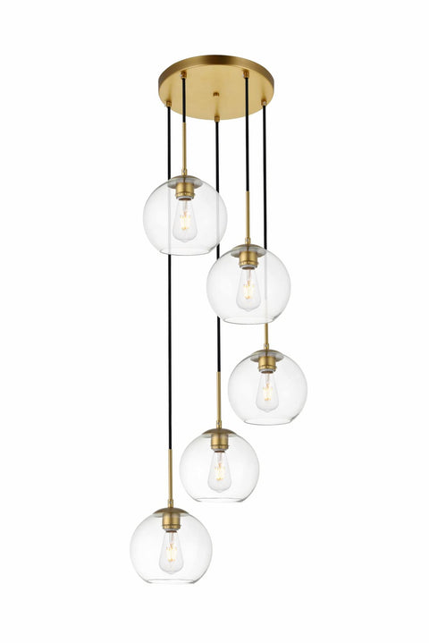 Elegant Lighting Living District Baxter 5-Light Metal Pendant in Brass and Clear Finish