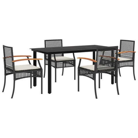 vidaXL Patio Dining Set with Cushions 5 Piece - Black Poly Rattan Furniture - Tempered Glass Tabletop for Garden, Backyard or Deck