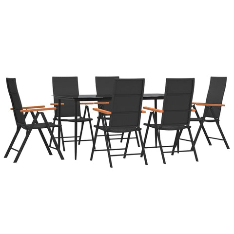 vidaXL Patio Dining Set 7 Piece, Outdoor Furniture Set with 6 Folding Chairs and 1 Table, Reclining Chair, Modern Style, Black and Brown Poly Rattan