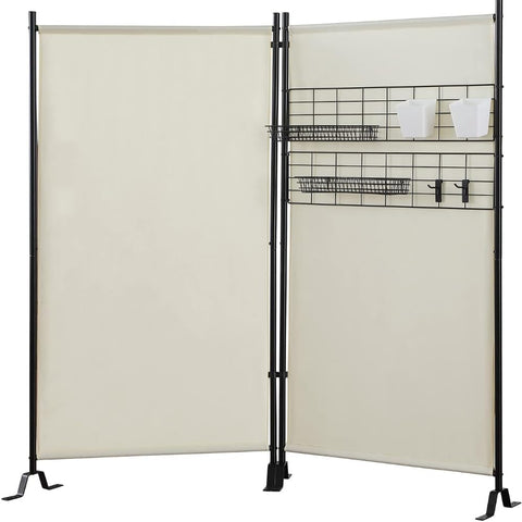 Oakestry Galaxy II Room Divider 2-Panel 36 Inch Wide Water Repellent Privacy Partition with Accessory Rack Wire Nets Plastic Bins Peg Hooks Tray Baskets Space Saving Foldable, Beige