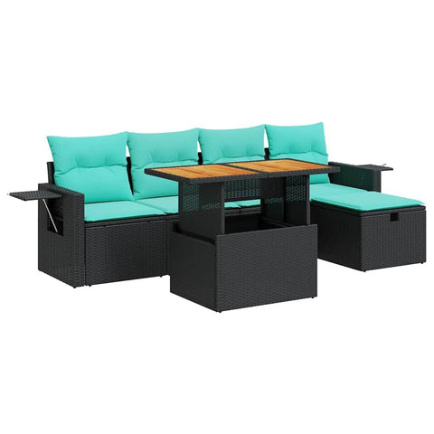 vidaXL 6 Piece Patio Sofa Set with Cushions Black Poly Rattan Acacia, Garden Sofa Set, Garden Lounge Set, Poly Rattan Sofa Set, Outdoor Sofa Set