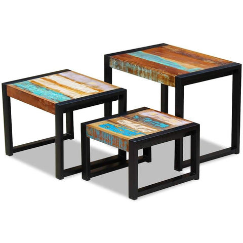 vidaXL Vintage Three Piece Nesting Tables Set Solid Reclaimed Wood Black Steel Legs Multicolor Finish Versatile Furniture for Living Room Bedroom Hallway Indoor Use Side Table Wooden