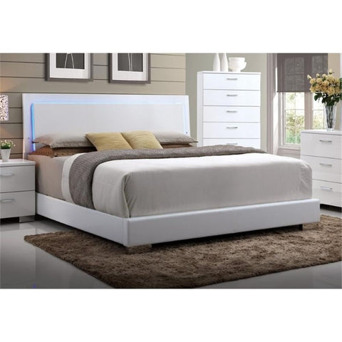 Acme Lorimar Queen Upholstered Wooden Panel Bed with LED in White