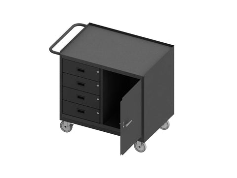 Mobile Bench Cabinet With 5 Inch X 1-1/4 Inch Polyurethane Casters (2) Rigid And (2) Swivel 1 Storage Area With 1 Door 4 Drawers Steel Top Work Surface With Tubular Push Handle Gray