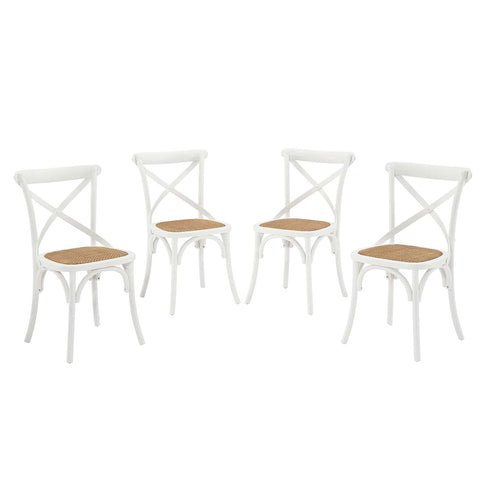 Modway Gear Rustic Modern Farmhouse Elm Wood Rattan Four Dining Chairs in White