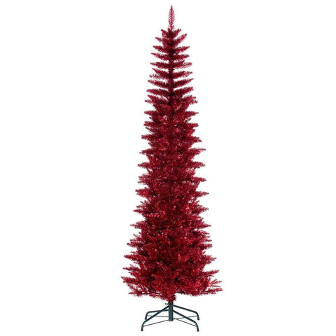 Vickerman 7.5' x 32" Red Tinsel Pencil Artificial Unlit Christmas Tree. It Measures 90 inches Tall, and 28 inches Wide, which is considered a Pencil Profile.