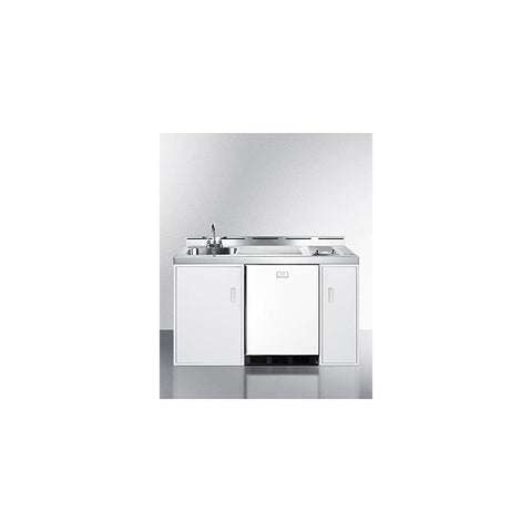 Summit 60" Wide All-in-One Kitchenette, 2-Door Refrigerator-Freezer, 2-Burner Smoothtop Cooktop, Sink, and Storage, White - C60ELGLASS
