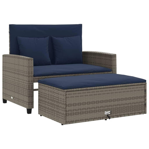 vidaXL Patio Sofa with Cushions, 2-Seater Storage Garden Bench in Gray Poly Rattan, Flexible Sofa Bed, Outdoor Footstool, Navy Blue Cushions, Reclining Backrest, 45.3" Garden Lounger