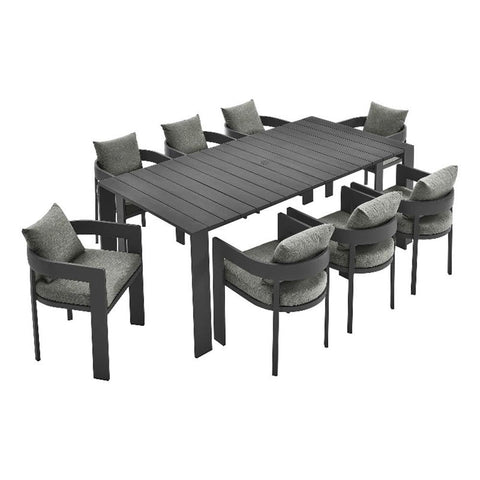 Modway Tahoe Outdoor Patio Powder-Coated Aluminum 9-Piece Dining Set in Gray Gray - Rectangular Patio Furniture Set for 8 - Outside Table with Umbrella Hole and Cushioned Chairs - Modern Patio Set