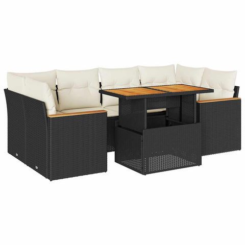 vidaXL 6-Piece Garden Sofa Set - Black Poly Rattan with Acacia Wood Table and Modular Design for Patio/Lounge/Garden - uv/Water Resistant with Storage - Seats 6