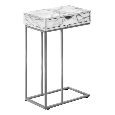 Monarch Specialties I 3772 Accent Table, C-Shaped, End, Side, Snack, Storage Drawer, Living Room, Bedroom, Metal, Laminate, White Marble Look, Grey